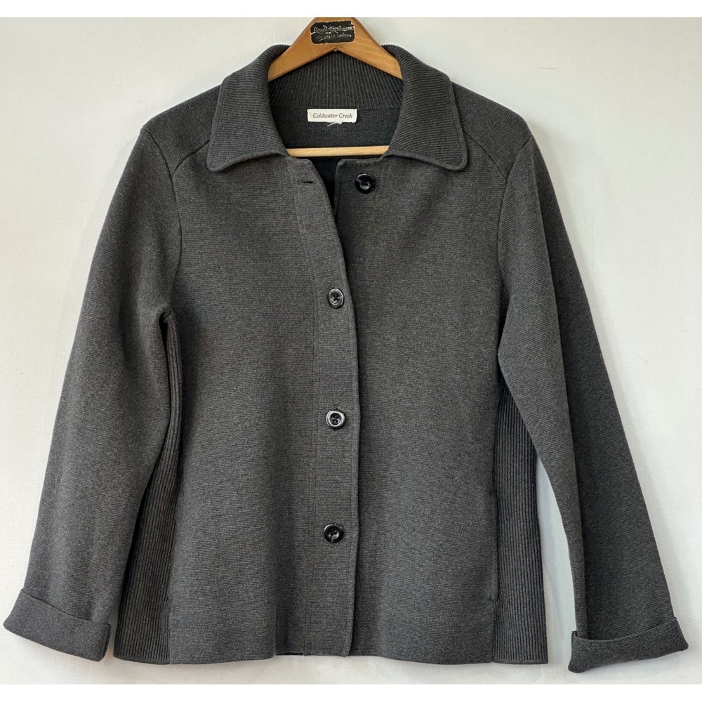 Coldwater Creek Cardigan Button Front Collared Old Money Womens L Gray Excellent